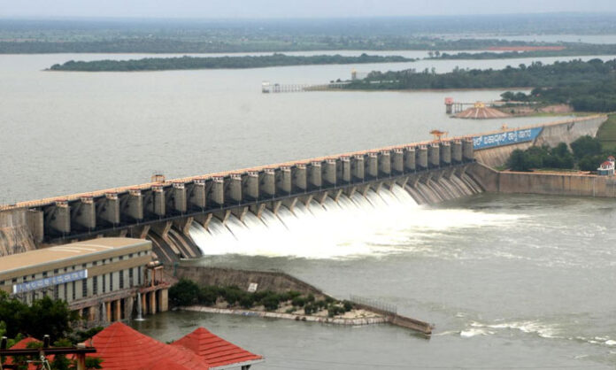 Floodwaters entering the Srisailam Reservoir as multiple dam gates remain open to release excess water.