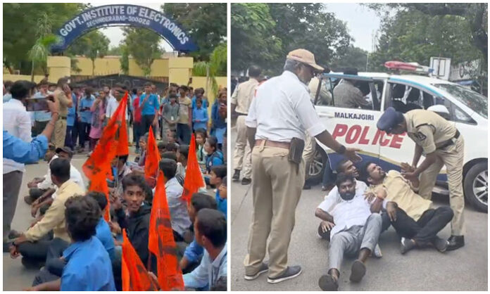 ABVP students protest outside Government Polytechnic College in West Marredpally against GO 97