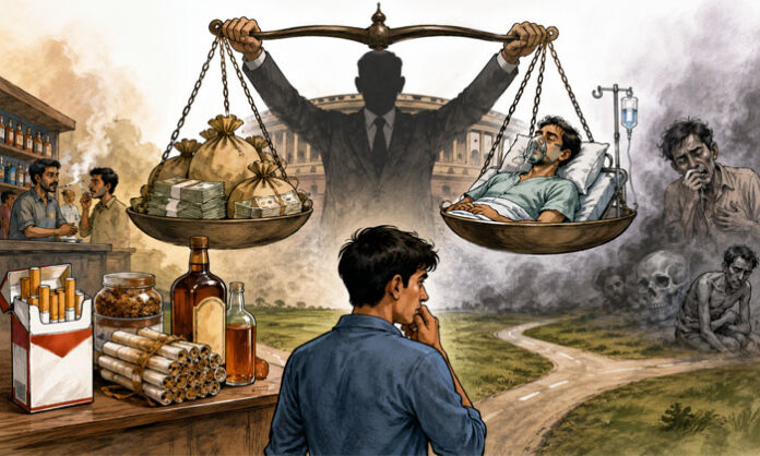 A public awareness message highlighting the health risks associated with tobacco and alcohol consumption.