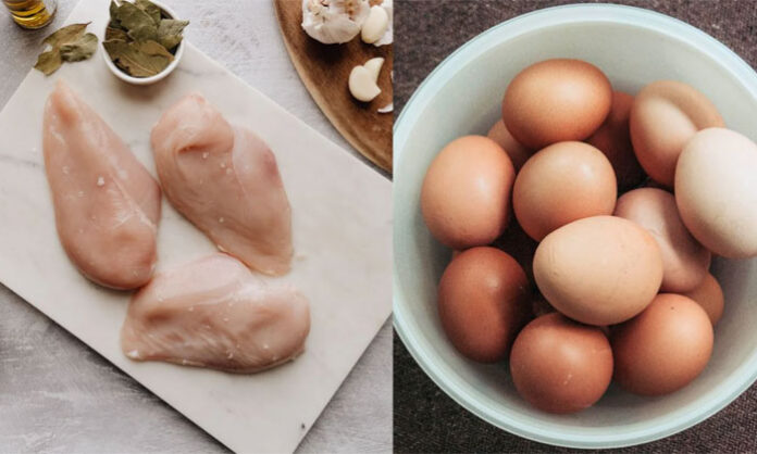 A comparison of chicken and eggs highlighting their protein, calorie, and fat content for a healthy diet.