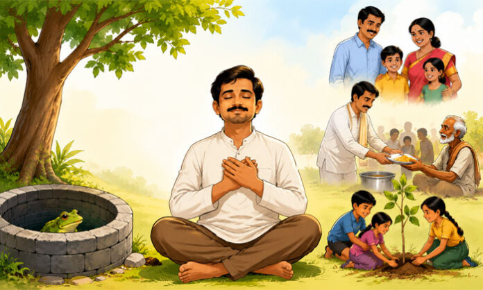 Contentment and good deeds are described as the true sources of happiness and wealth in life