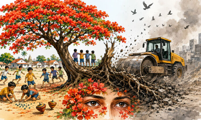 Gulmohar tree representing childhood memories, nature, village life and lost greenery