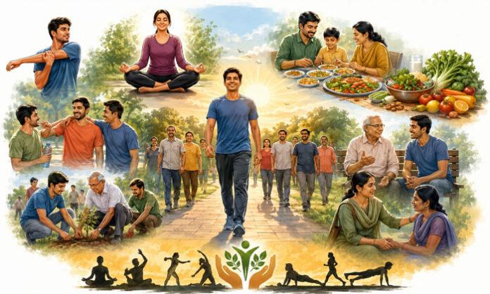 Healthy habits including walking exercise yoga meditation and balanced diet