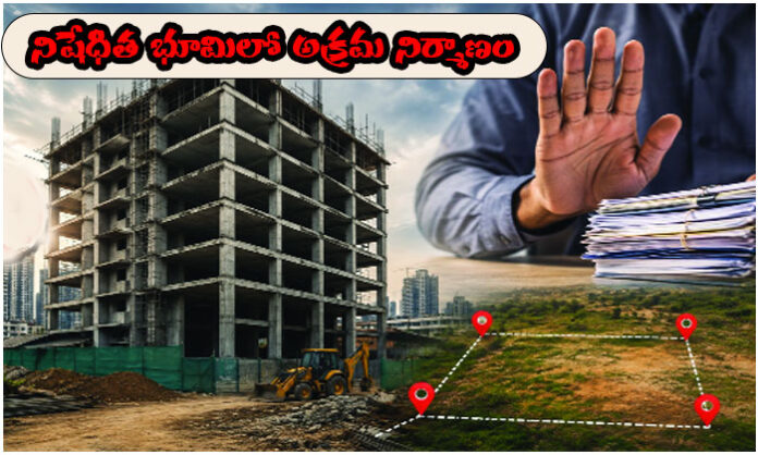 Illegal stilt plus seven-floor building under construction on prohibited land at Survey No. 5/3 in Rayadurgam Panmaktha without permissions.