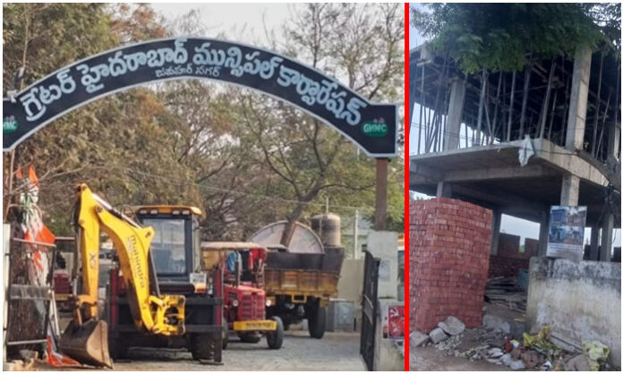 Illegal multi-story constructions allegedly continue on government land in Santoshnagar under Jawaharnagar Municipal Corporation