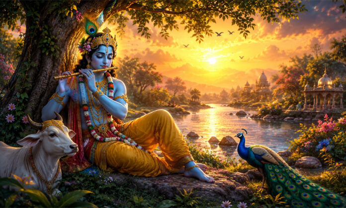 Devotee chanting Krishna mantra as part of a daily spiritual practice