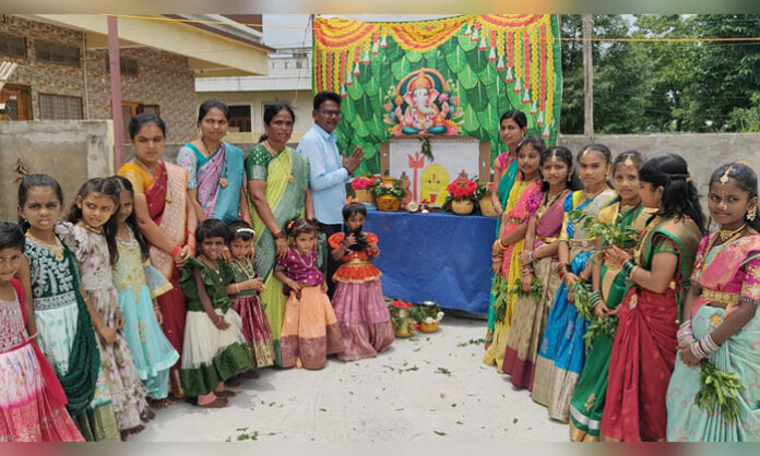 Children celebrate Bonalu festival with a traditional procession at Shishu Mandir School in Krishnajiwadi
