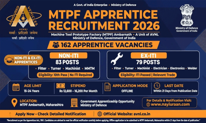 Machine Tool Prototype Factory Ambernath recruitment for 162 trade apprentice vacancies