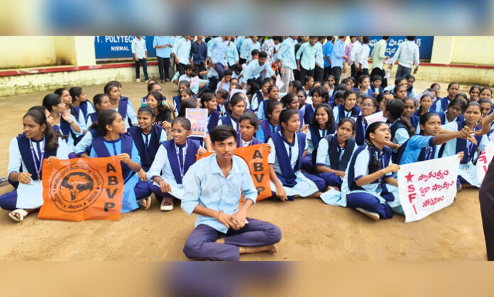 Nirmal polytechnic students protest and boycott classes demanding withdrawal of Shakti Scheme and GO 97