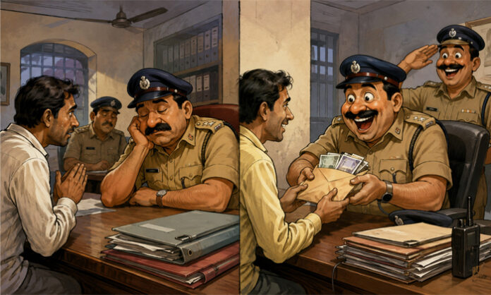 An illustrative representation highlighting allegations of corruption and bribery in law enforcement.