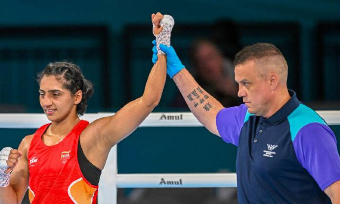 Indian boxer Preeti Satta celebrates after winning the women's 54kg boxing gold medal at the Commonwealth Games 2026.