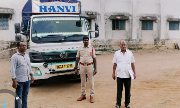 Civil Supplies officials and Kalwakurthy police seize PDS rice during a raid at Sri Ramakrishna Rice Mill in Marchala village.