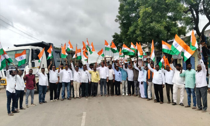 BJP leaders and workers participate in a Tiranga Rally at Tadwai mandal headquarters