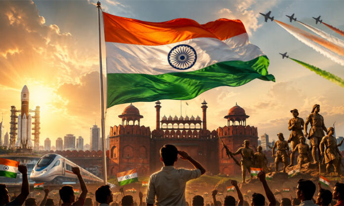 Tiranga fluttering over the Red Fort symbolizing Indian independence and national pride
