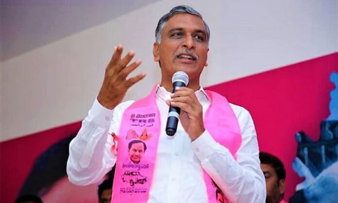BRS leader Harish Rao addresses a press conference at Telangana Bhavan over the alleged Telangana water share issue.