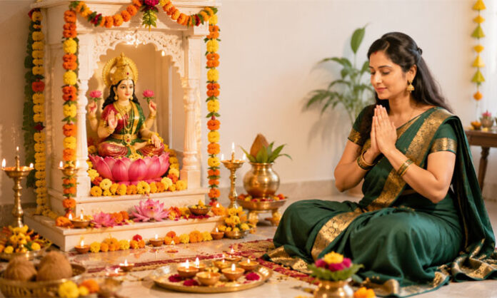 Women performing Varalakshmi Vratam with devotion during the auspicious Shravana month