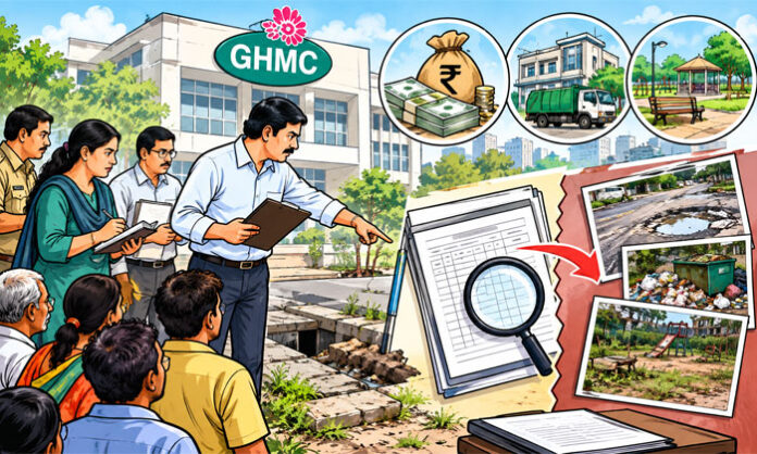 Illustration highlighting GHMC accountability, ground-level inspections of public amenities and verification of government funds and assets in Hyderabad.