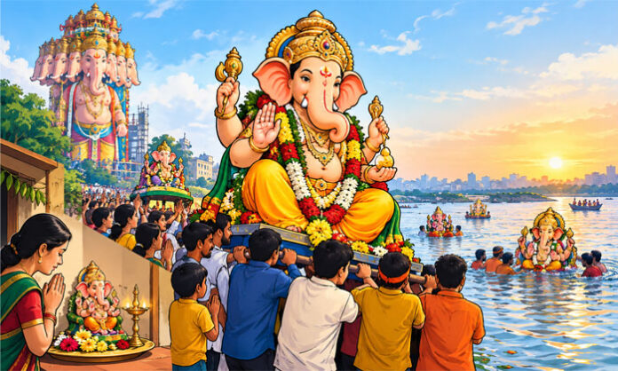 Devotees bid an emotional farewell to Lord Vinayaka during Ganesh Nimajjanam celebrations, chanting Ganapati Bappa Morya after eleven days of worship.