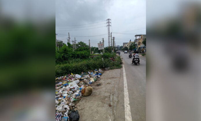 Garbage and wild plants near a nala causing accident risks on Mother Dairy Road in Hayathnagar