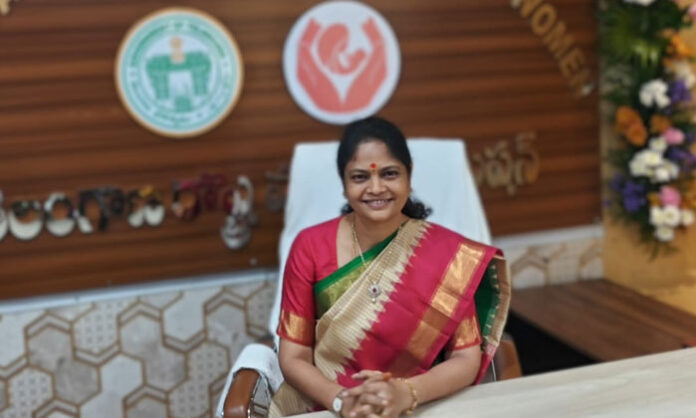 Nerella Sharada assumes office for a second term as Telangana State Women's Commission Chairperson at Buddha Bhavan in Secunderabad.