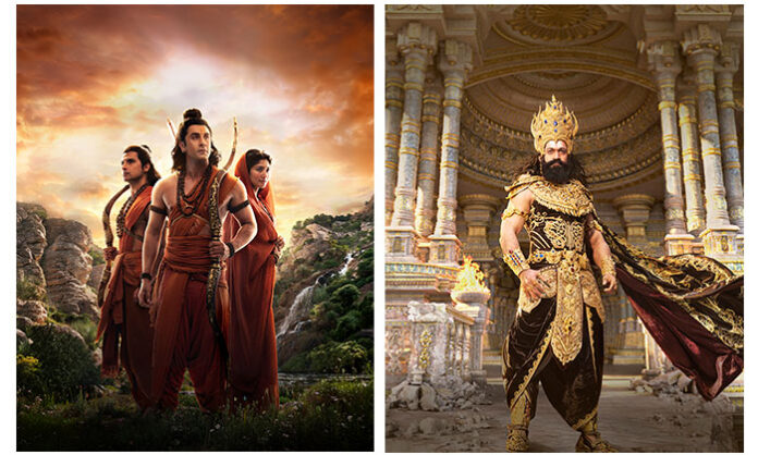 Yash appears as Ravana wearing a jeweled golden crown, layered pearl necklaces and gold bracelets in the newly released Ramayana movie poster.