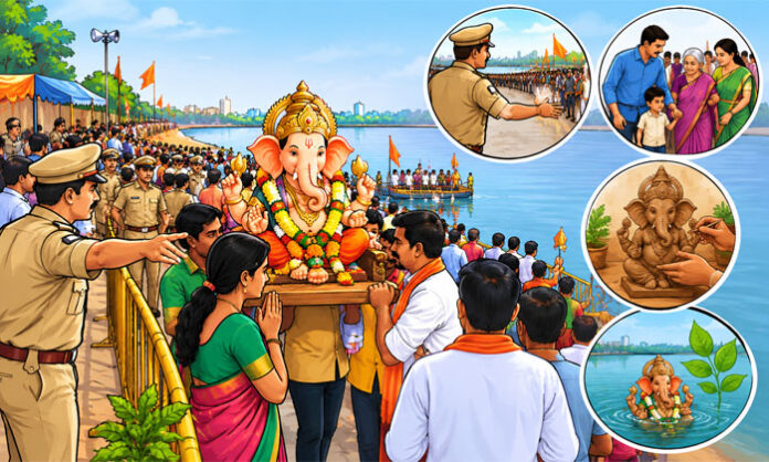 Devotees following safety rules during a safe and green Ganesh immersion