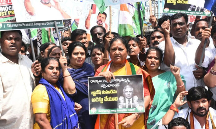 Congress leaders and party workers stage a protest in Sangareddy against alleged deletion of eligible voters from electoral rolls and demand the Chief Election Commissioner's resignation.