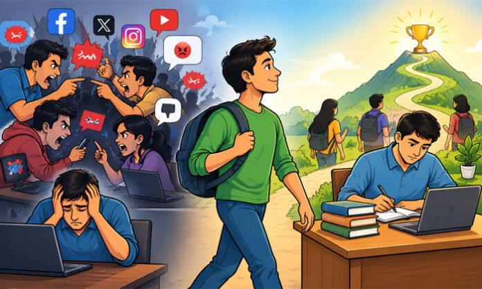 A motivational message encouraging people to spread love, avoid social media fan wars, ignore online trolls and focus on their personal goals.