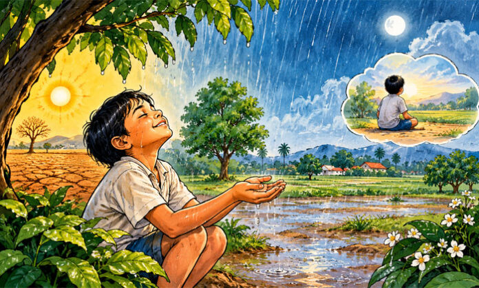 Illustration of the first rain of May falling on sun-parched earth, refreshing trees and evoking memories of childhood, as depicted in Repaka Raghunandan's poem.