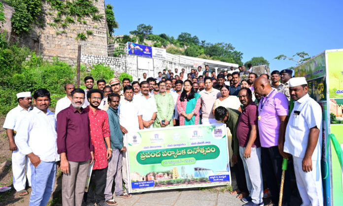 Artists representing 16 traditional art forms participate in the World Tourism Day rally from Medak Fort to Wesley College, attended by Collector Pratima Singh and other officials.