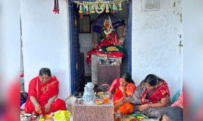 Women devotees participate in a collective Kumkumarchana at Nayakamma Temple in Chityala village, Tadwai mandal.