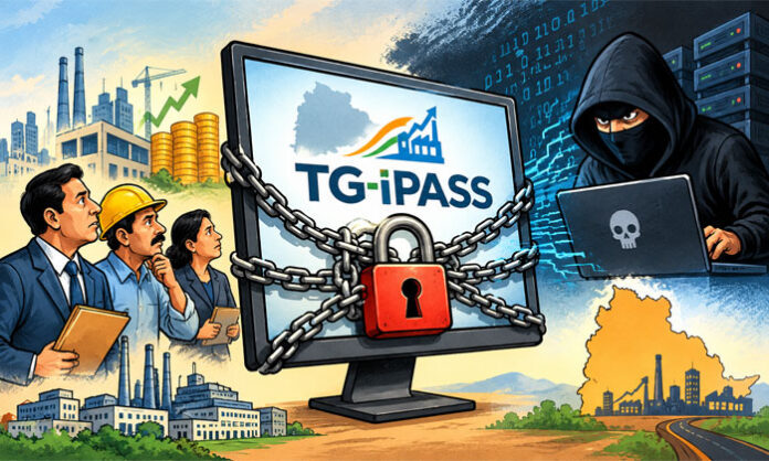 Conceptual image representing a cyberattack on Telangana's TG-iPASS portal, highlighting database encryption and threats to industrial investment services.