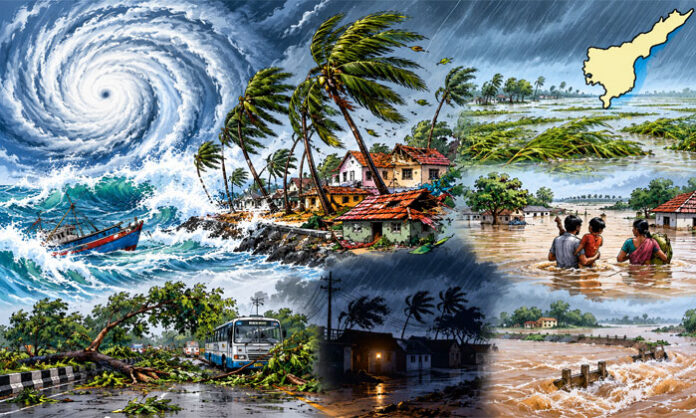 Cyclone Arnab brings heavy rainfall, strong winds, coastal flooding, crop damage, and transport disruptions across Andhra Pradesh.