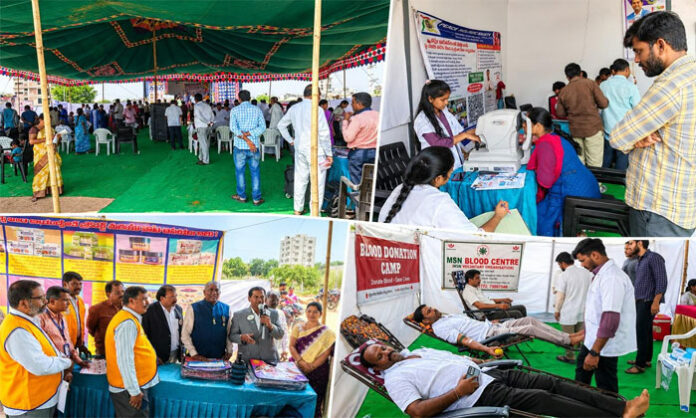 Residents undergo free medical check-ups and blood tests during a blood donation and health camp at UTF D-Hills Colony in Pedda Amberpet.
