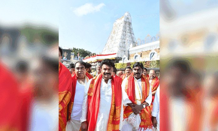 Goli Srinivas Reddy and Talasani Srinivas Yadav offer prayers at Tirumala