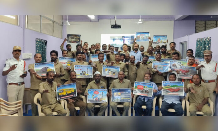 Goshamahal Traffic Police conduct a road safety awareness program for TGSRTC bus drivers at the Regional Training Centre near MGBS, Hyderabad.