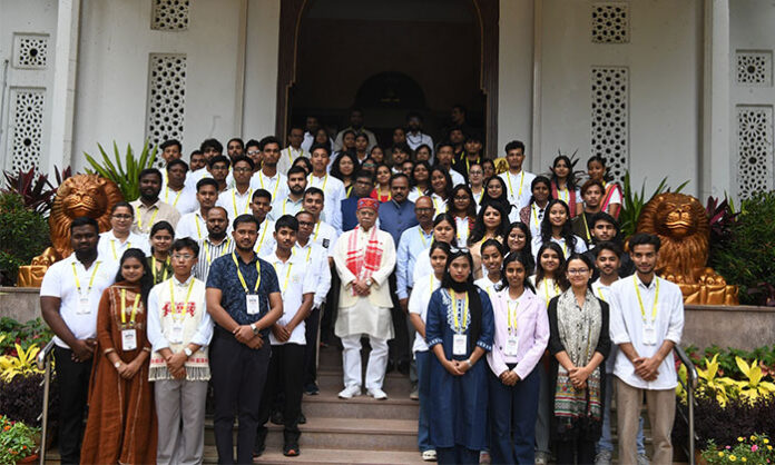 Governor Shiv Pratap Shukla interacts with a 72-member student contingent from Assam at Lok Bhavan in Hyderabad under the Ek Bharat Shreshtha Bharat initiative.