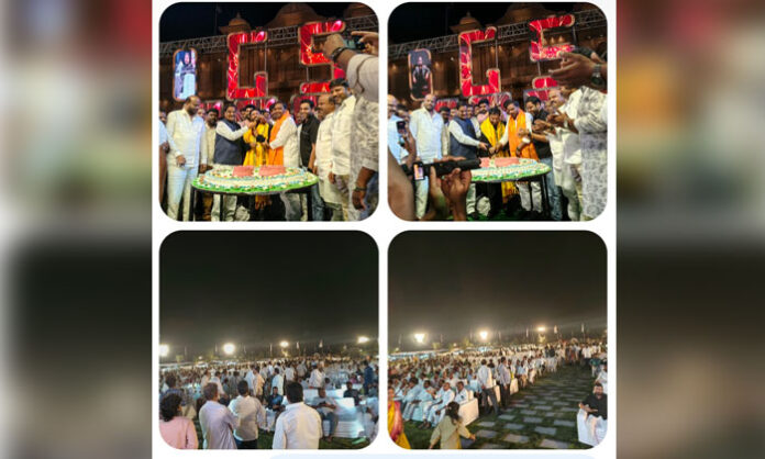 Gyarala Srinivas Goud cuts his birthday cake at Swarna Mahal in Pasumamula, Pedda Amberpet, surrounded by supporters and public representatives