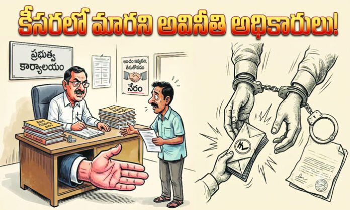 Timeline of reported ACB bribery cases involving government officials in Keesara mandal and nearby municipal and government departments from 2020 to 2026.
