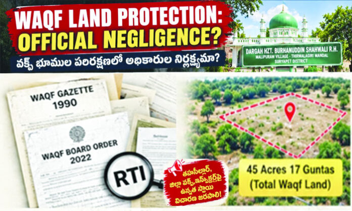 Waqf land protection concerns involving Dargah Hazrat Burhanuddin Shawali in Malipuram village, Thirumalagiri mandal, Suryapet district.