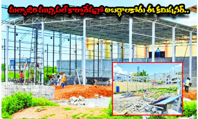 Reconstructed unauthorized commercial shed in Balaji Hills, Boduppal Circle No. 10, following a reported partial demolition by municipal officials.