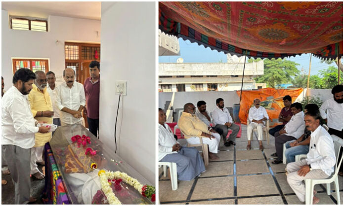 Sangareddy MLA Chinta Prabhakar pays floral tribute to the mortal remains of late Siripuram Shankarappa in Ankenapalli village of Sadashivpet Mandal.