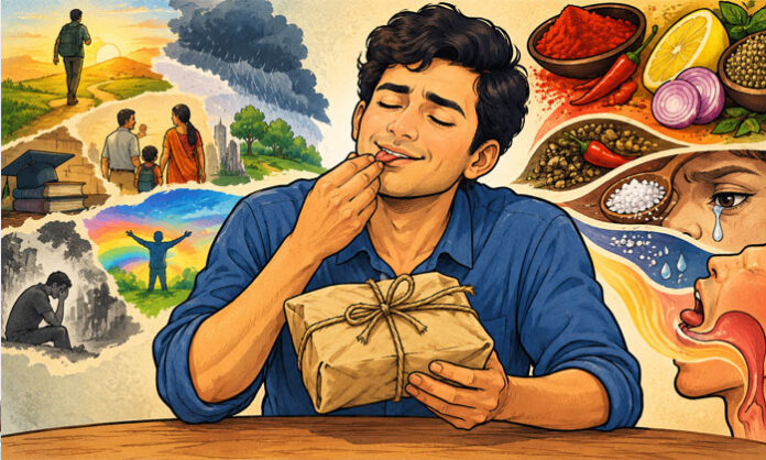 A reflective poem comparing life’s experiences and memories to a parcel filled with sweet, spicy, bitter, and salty flavours.