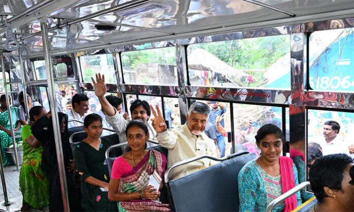 CM Chandrababu celebrates Stree Shakti scheme crossing 100 crore free bus journeys in Andhra Pradesh
