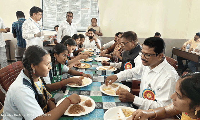MLA Gaddam Vinod inaugurates Telangana Breakfast Scheme at a government girls' high school in Bellampalli