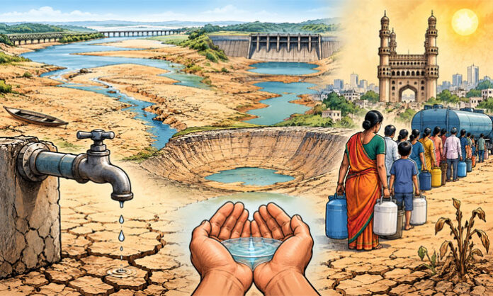 Krishna and Godavari rivers face water scarcity amid drought conditions, declining groundwater levels, and growing concerns over Hyderabad’s water supply.