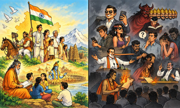 A poetic comparison of India's past ideals of unity, culture, and democracy with the author's criticism of present-day society and leadership.