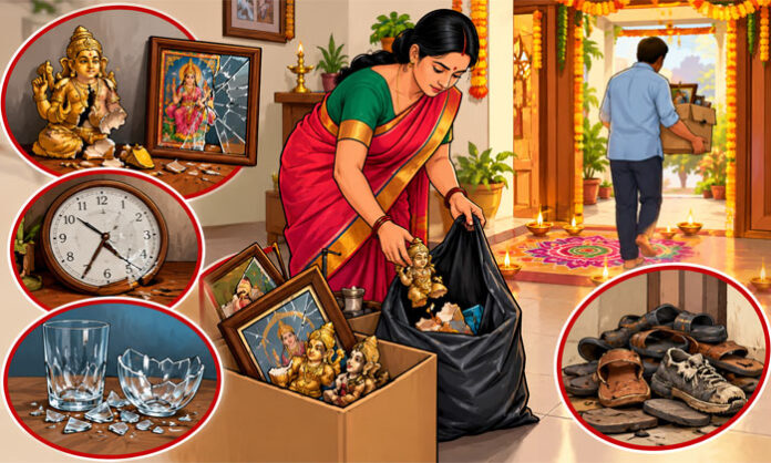 Broken idols, stopped clocks, damaged glass items and old shoes that Vastu beliefs recommend removing from the home before Diwali.