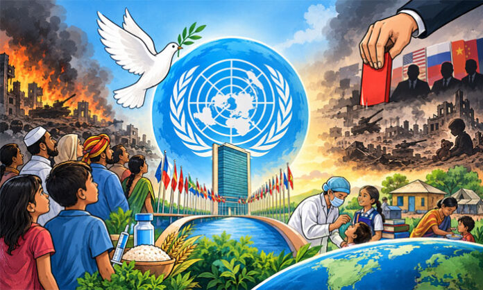 Poetic tribute to the United Nations highlighting its journey towards global peace, unity, and humanity.