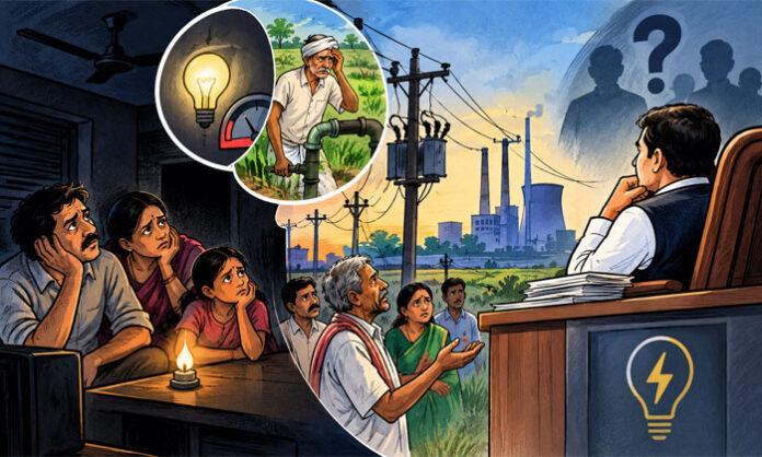 Illustration highlighting frequent power cuts, low-voltage problems, farmers’ electricity needs and public demands for reliable power supply.